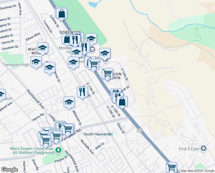 map of restaurants, bars, coffee shops, grocery stores, and more near 27955 Mission Boulevard in Hayward
