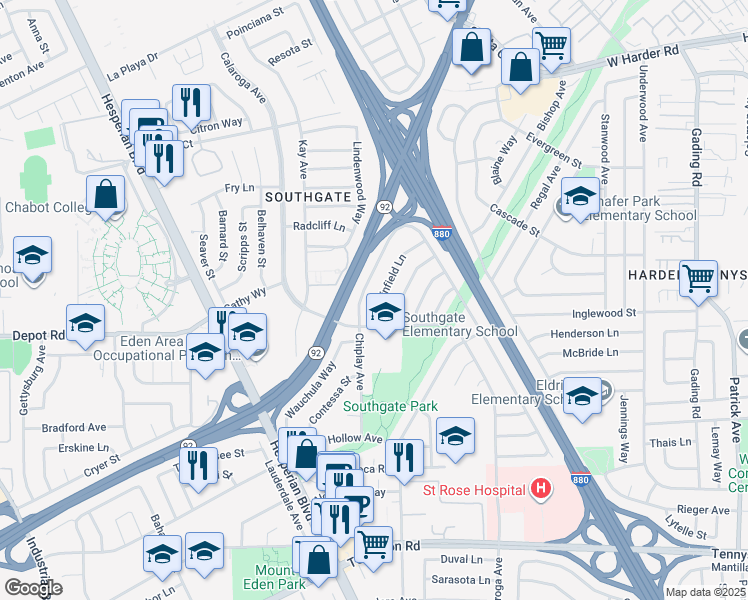 map of restaurants, bars, coffee shops, grocery stores, and more near 25867 Peterman Avenue in Hayward