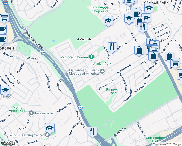 map of restaurants, bars, coffee shops, grocery stores, and more near 308 De Nardi Way in South San Francisco