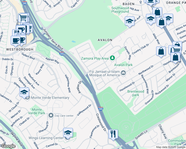 map of restaurants, bars, coffee shops, grocery stores, and more near 409 Valverde Drive in South San Francisco