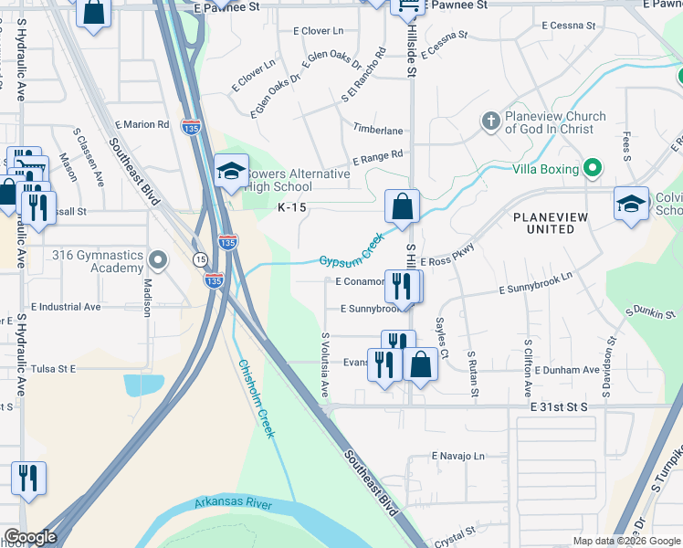 map of restaurants, bars, coffee shops, grocery stores, and more near 2817 Conamore East in Wichita