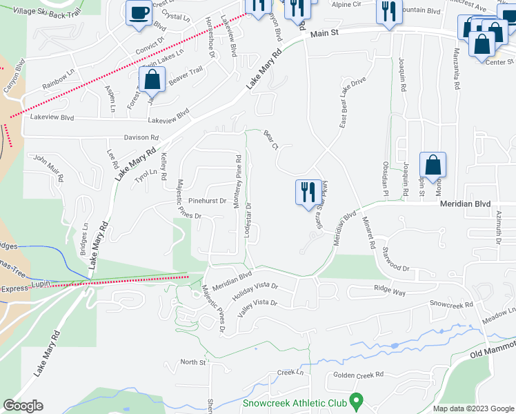 map of restaurants, bars, coffee shops, grocery stores, and more near 2000 Lodestar Drive in Mammoth Lakes