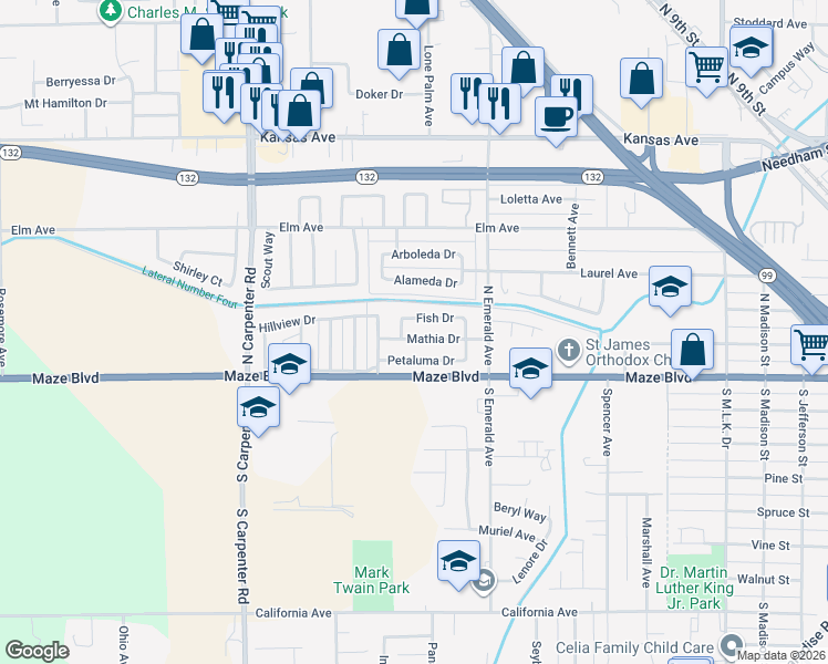 map of restaurants, bars, coffee shops, grocery stores, and more near 1109 Mathia Drive in Modesto