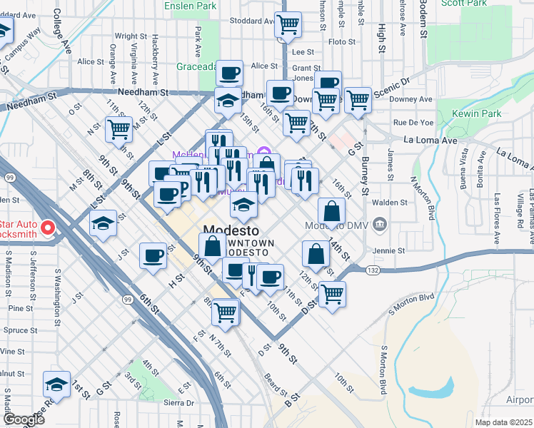map of restaurants, bars, coffee shops, grocery stores, and more near 715 13th Street in Modesto