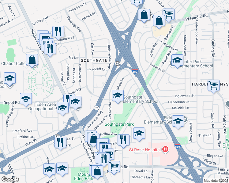 map of restaurants, bars, coffee shops, grocery stores, and more near 25867 Peterman Avenue in Hayward