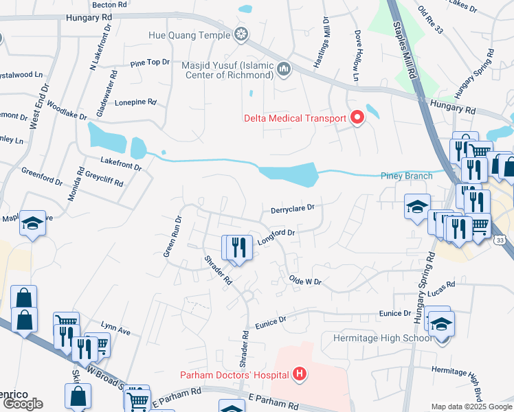map of restaurants, bars, coffee shops, grocery stores, and more near 4906 Kilcolman Drive in Richmond