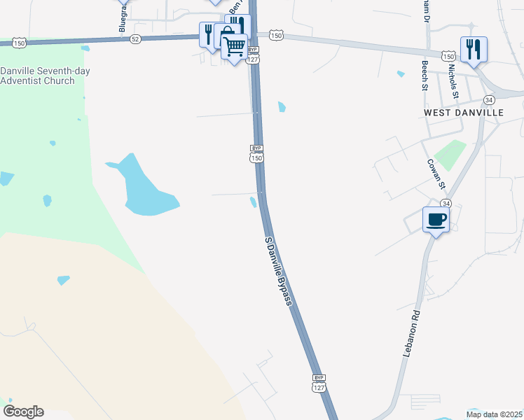 map of restaurants, bars, coffee shops, grocery stores, and more near 30 South Danville Bypass in Danville