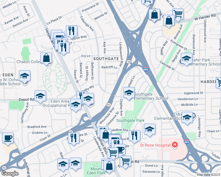 map of restaurants, bars, coffee shops, grocery stores, and more near 25938 Kay Avenue in Hayward