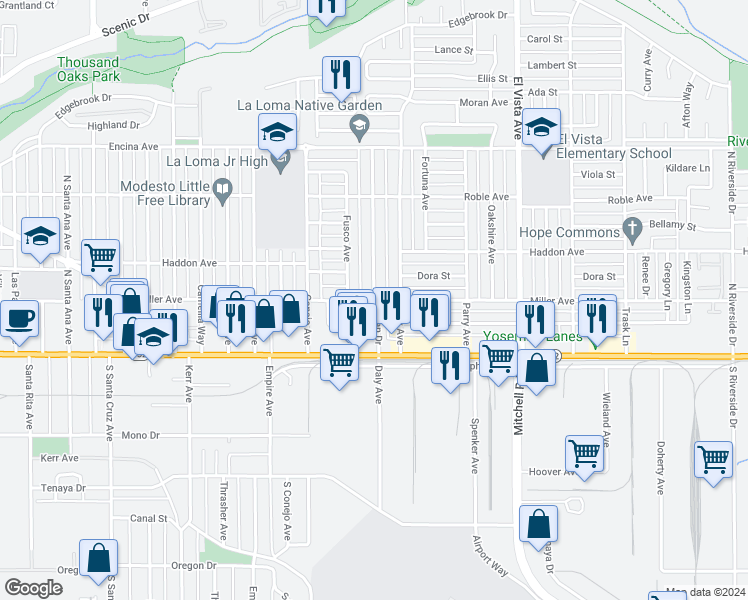 map of restaurants, bars, coffee shops, grocery stores, and more near San Juan Drive in Modesto