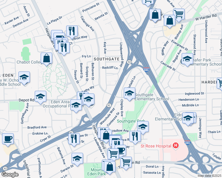 map of restaurants, bars, coffee shops, grocery stores, and more near 25938 Kay Avenue in Hayward