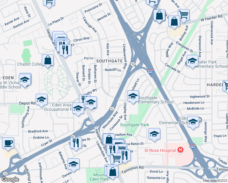 map of restaurants, bars, coffee shops, grocery stores, and more near 25930 Kay Avenue in Hayward