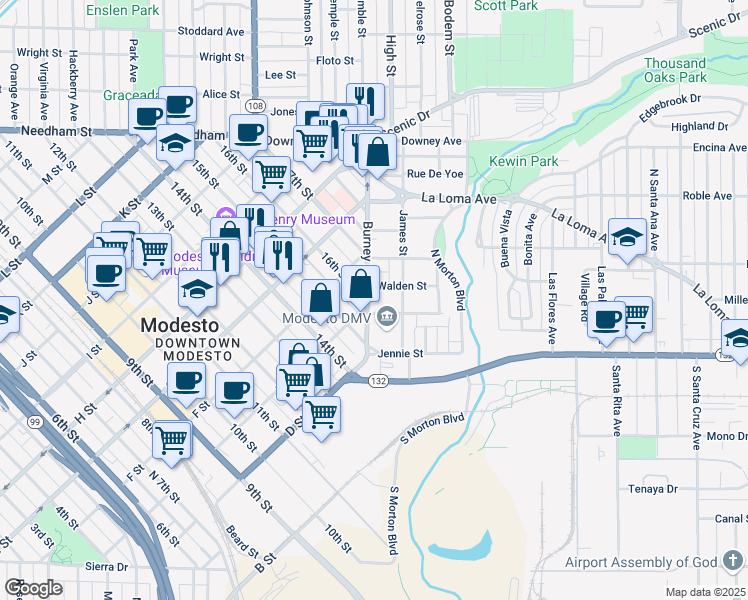 map of restaurants, bars, coffee shops, grocery stores, and more near 150 Burney Street in Modesto