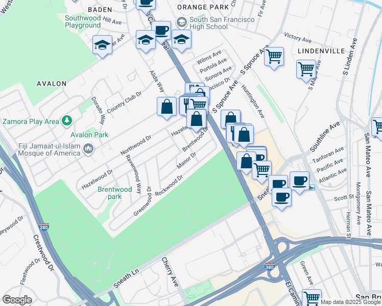 map of restaurants, bars, coffee shops, grocery stores, and more near 111 Pinehurst Way in South San Francisco