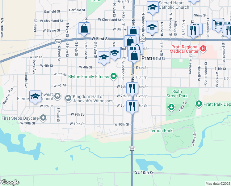 map of restaurants, bars, coffee shops, grocery stores, and more near 710 South Iuka Street in Pratt