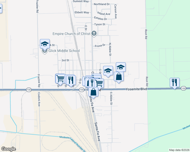 map of restaurants, bars, coffee shops, grocery stores, and more near 27 G Street North in Empire