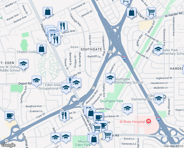 map of restaurants, bars, coffee shops, grocery stores, and more near 25961 Calaroga Avenue in Hayward