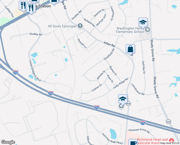 map of restaurants, bars, coffee shops, grocery stores, and more near 8354 Compass Drive in Mechanicsville