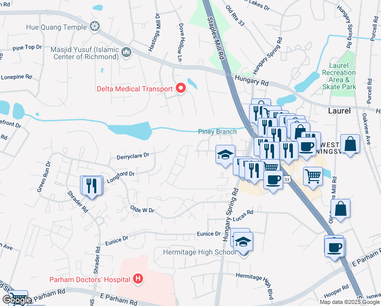 map of restaurants, bars, coffee shops, grocery stores, and more near 8671 Millstream Drive in Richmond