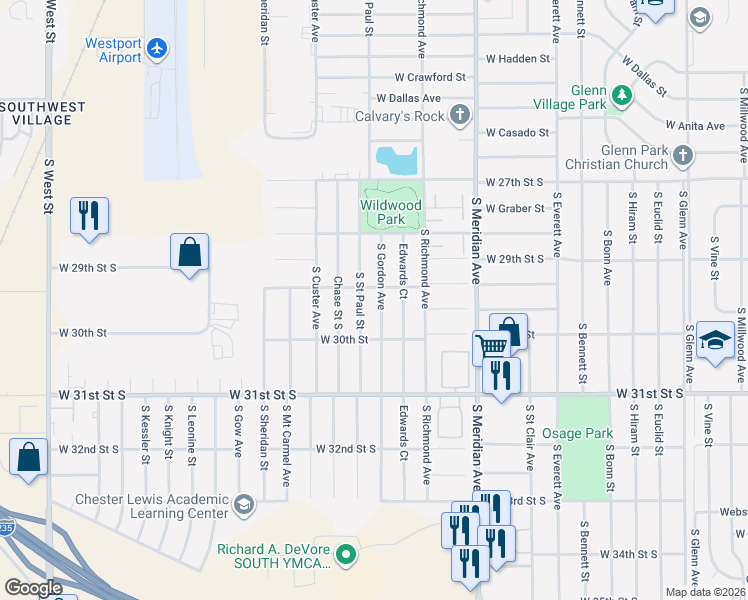 map of restaurants, bars, coffee shops, grocery stores, and more near 3032 South Saint Paul Street in Wichita