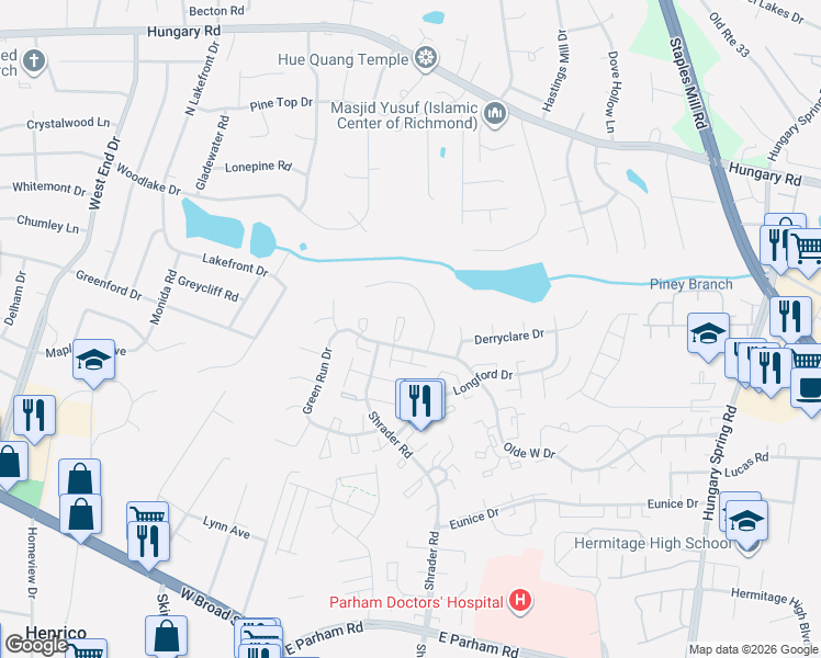 map of restaurants, bars, coffee shops, grocery stores, and more near 7826 Balineen Court in Richmond