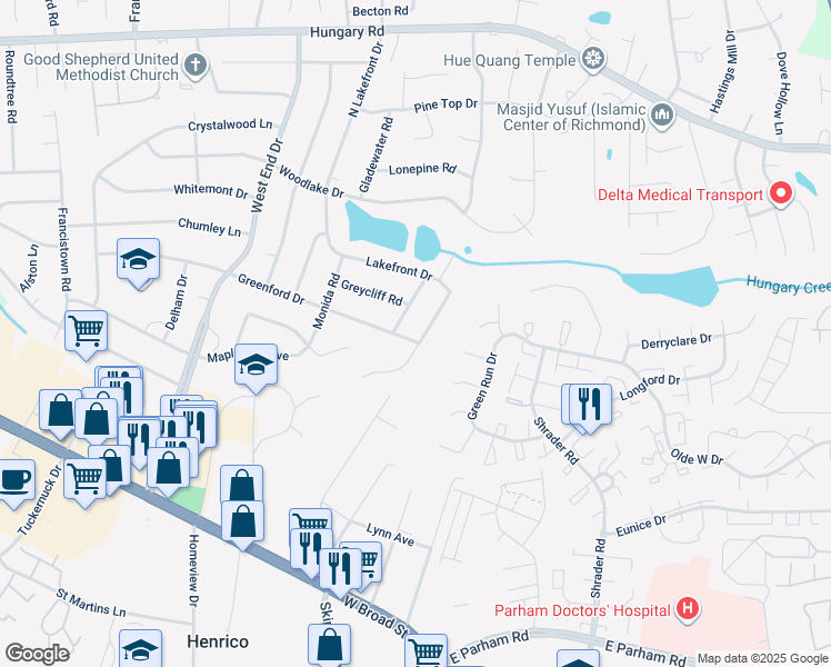 map of restaurants, bars, coffee shops, grocery stores, and more near 3900 Redstone Drive in Richmond
