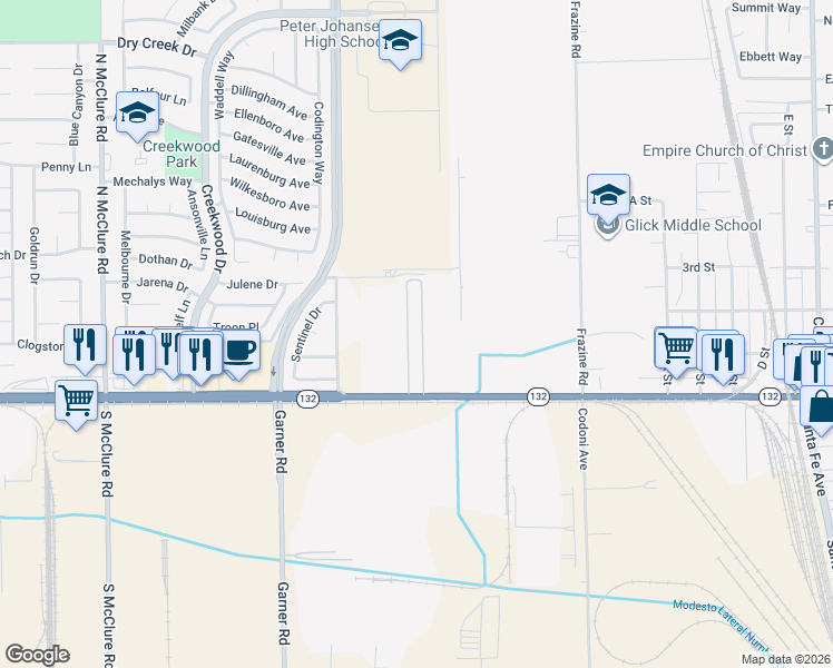 map of restaurants, bars, coffee shops, grocery stores, and more near 4143 Yosemite Boulevard in Modesto