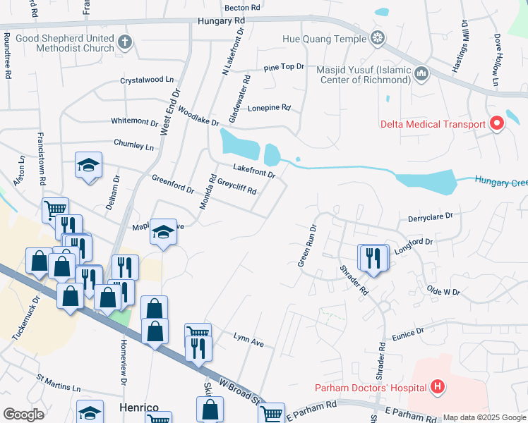 map of restaurants, bars, coffee shops, grocery stores, and more near 3900 Redstone Drive in Richmond