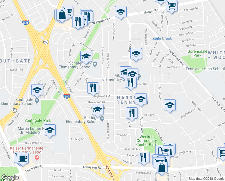 map of restaurants, bars, coffee shops, grocery stores, and more near 26555 Underwood Avenue in Hayward