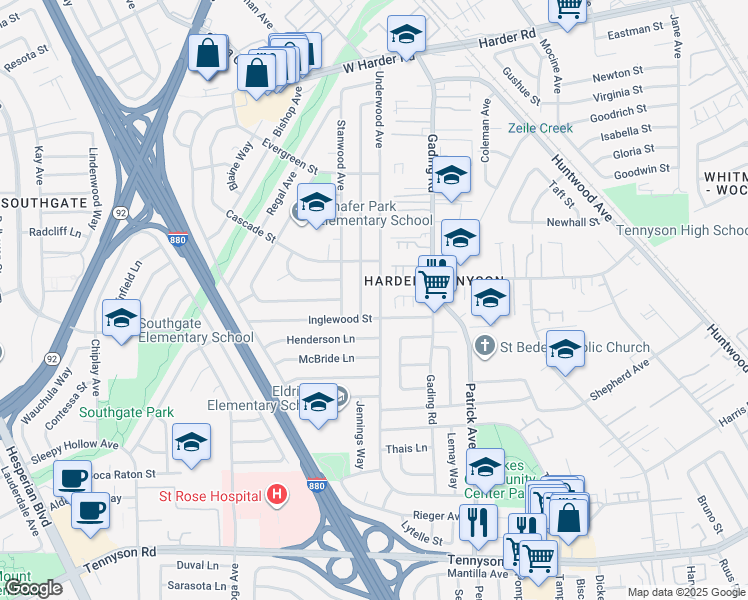 map of restaurants, bars, coffee shops, grocery stores, and more near 26555 Underwood Avenue in Hayward