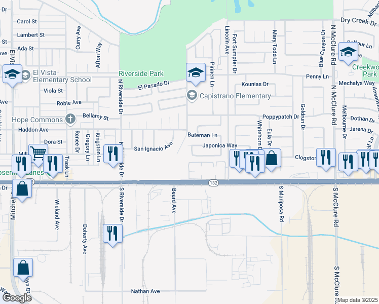 map of restaurants, bars, coffee shops, grocery stores, and more near 2808 Sugarpine Way in Modesto