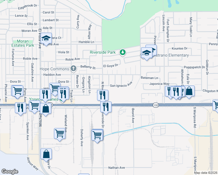 map of restaurants, bars, coffee shops, grocery stores, and more near 2620 San Ignacio Avenue in Modesto