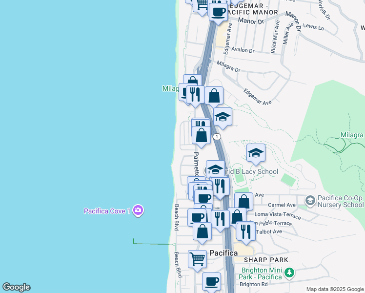 map of restaurants, bars, coffee shops, grocery stores, and more near 125 Shoreview Avenue in Pacifica
