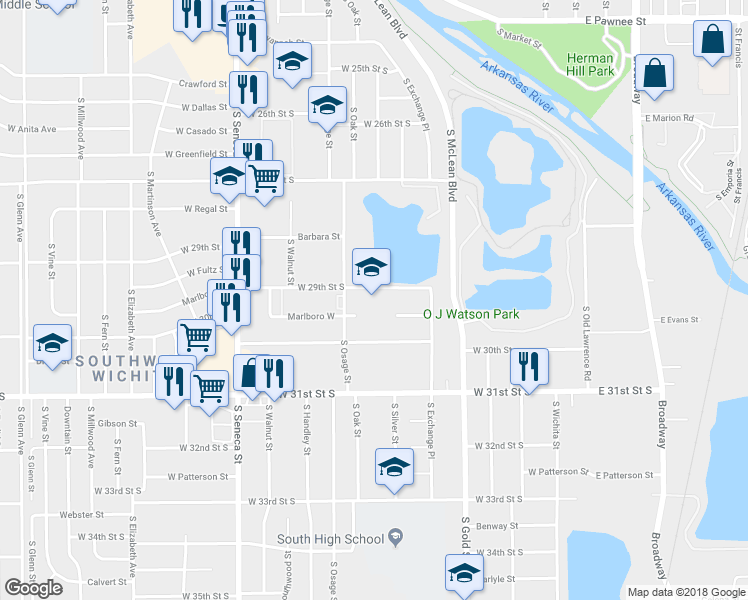 map of restaurants, bars, coffee shops, grocery stores, and more near 3030 South Osage Avenue in Wichita