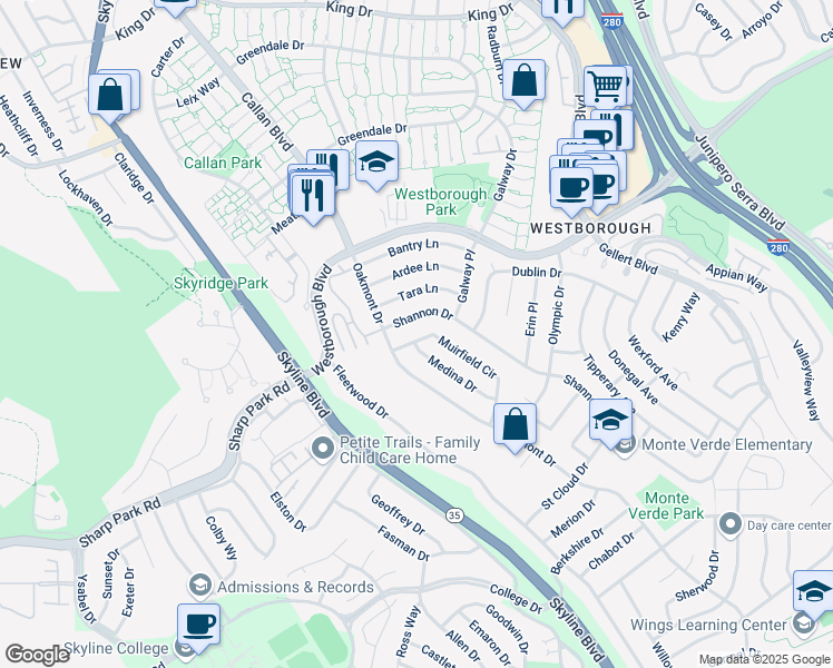 map of restaurants, bars, coffee shops, grocery stores, and more near 3040 Oakmont Drive in San Bruno