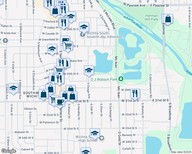 map of restaurants, bars, coffee shops, grocery stores, and more near 3030 South Osage Avenue in Wichita