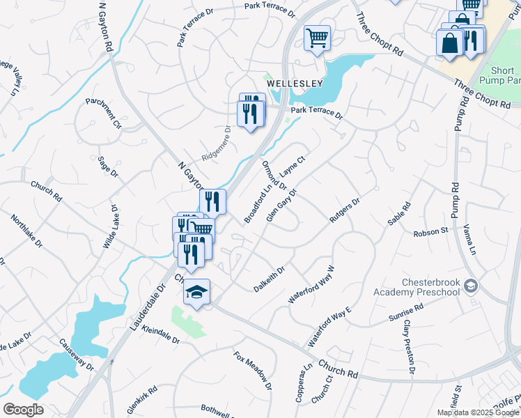 map of restaurants, bars, coffee shops, grocery stores, and more near 12101 Glen Gary Circle in Richmond
