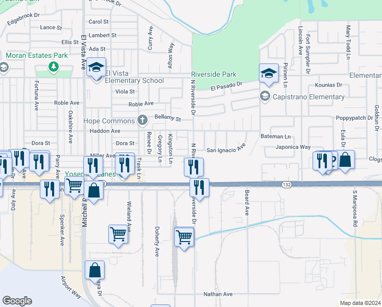 map of restaurants, bars, coffee shops, grocery stores, and more near in Modesto