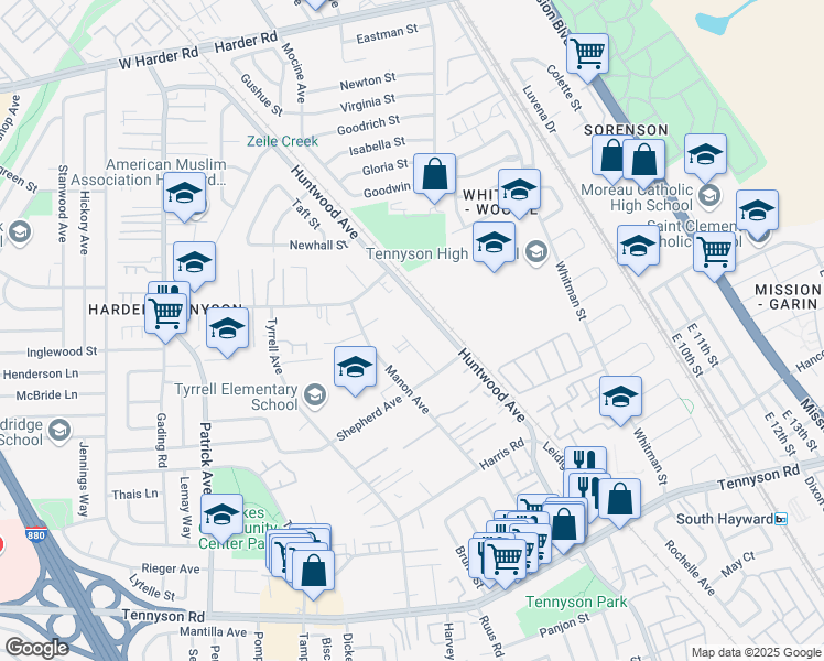 map of restaurants, bars, coffee shops, grocery stores, and more near 27133 Belvedere Court in Hayward