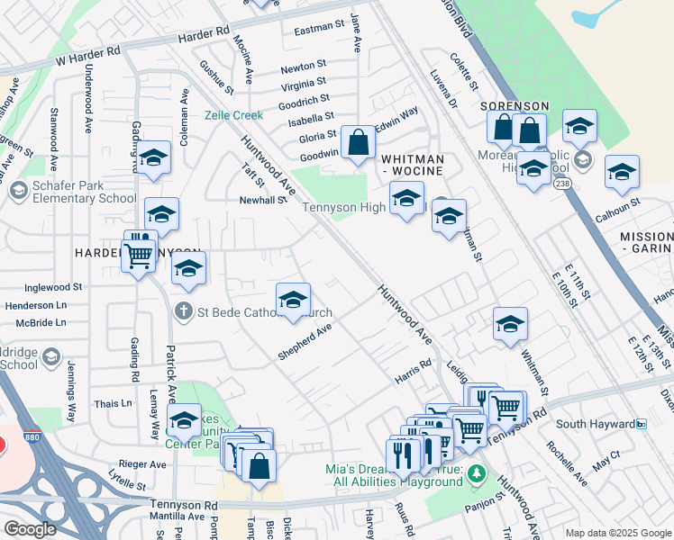 map of restaurants, bars, coffee shops, grocery stores, and more near 27133 Belvedere Court in Hayward