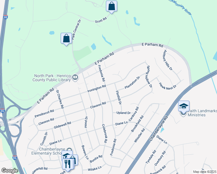 map of restaurants, bars, coffee shops, grocery stores, and more near 8407 Fredonia Road in Richmond