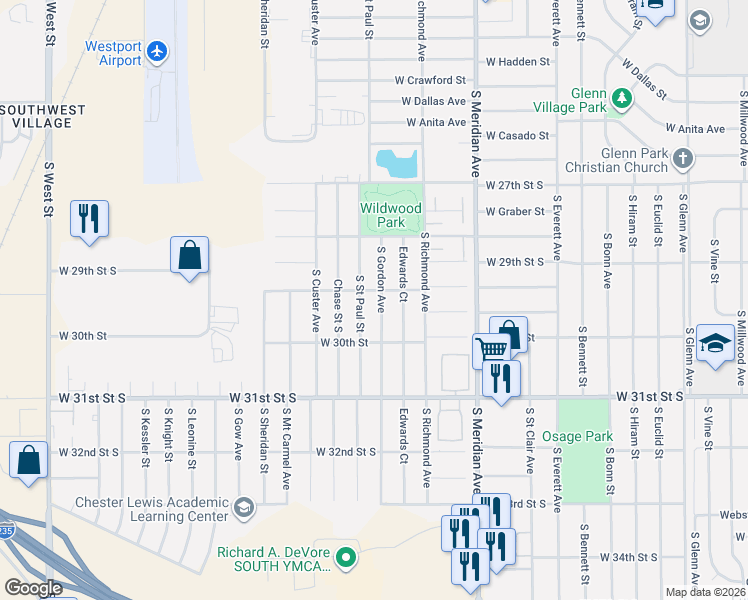 map of restaurants, bars, coffee shops, grocery stores, and more near 3032 South Saint Paul Street in Wichita