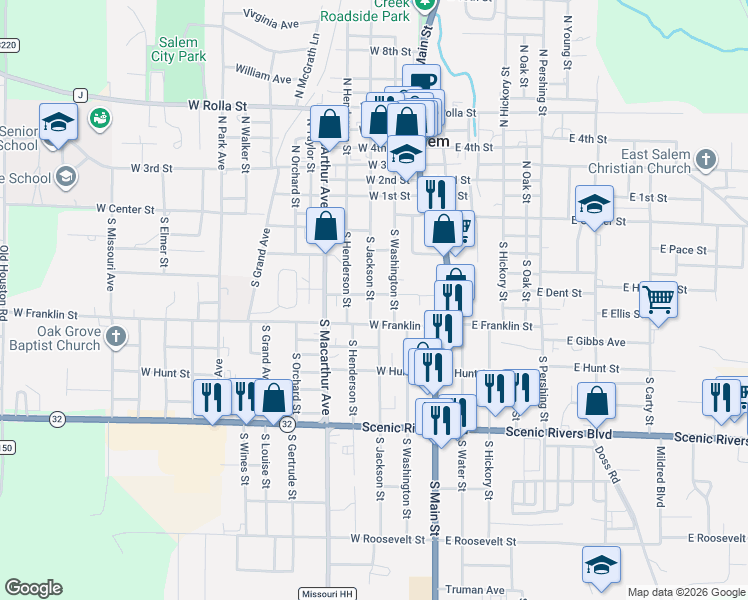 map of restaurants, bars, coffee shops, grocery stores, and more near 202 West Franklin Street in Salem