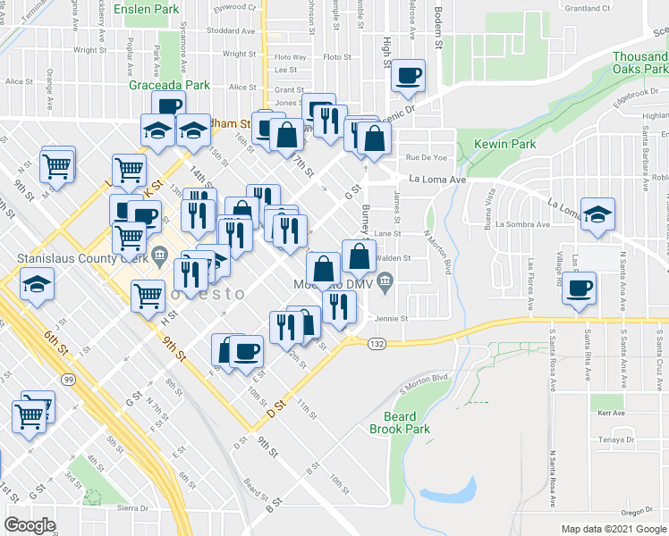 map of restaurants, bars, coffee shops, grocery stores, and more near 528 15th Street in Modesto
