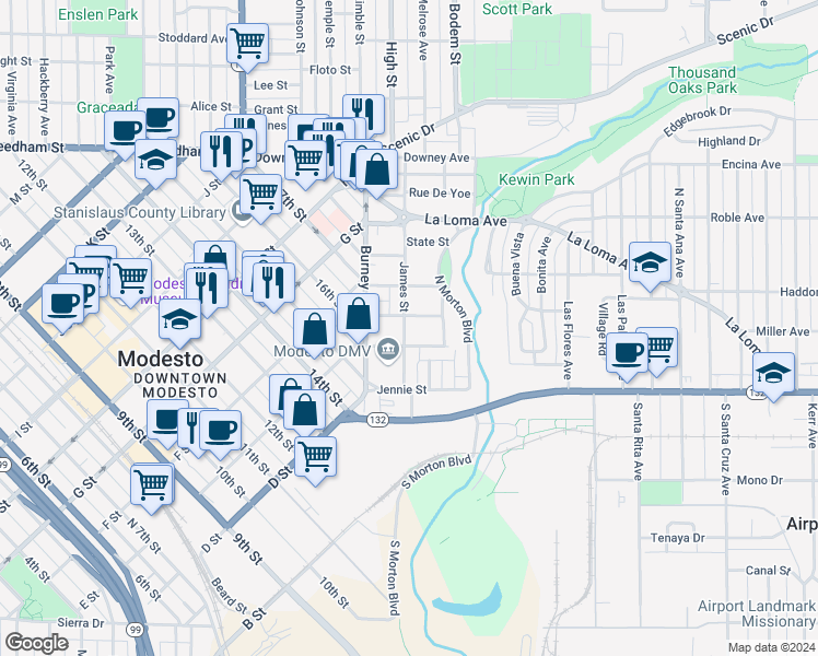 map of restaurants, bars, coffee shops, grocery stores, and more near 154 James Street in Modesto