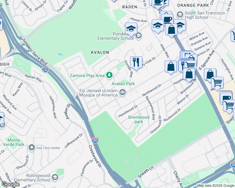 map of restaurants, bars, coffee shops, grocery stores, and more near 403 Alta Vista Drive in South San Francisco