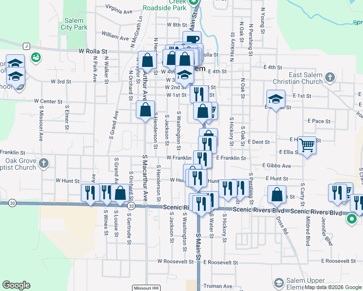 map of restaurants, bars, coffee shops, grocery stores, and more near 202 West Franklin Street in Salem