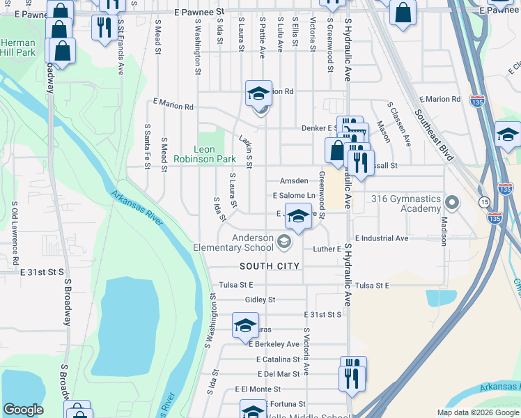 map of restaurants, bars, coffee shops, grocery stores, and more near 1208 Donnell Street in Wichita