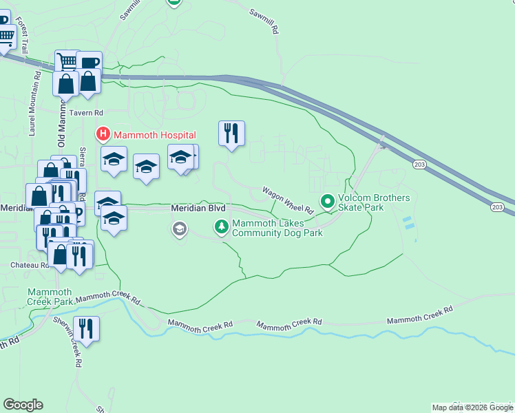map of restaurants, bars, coffee shops, grocery stores, and more near 1410 Meridian Boulevard in Mammoth Lakes