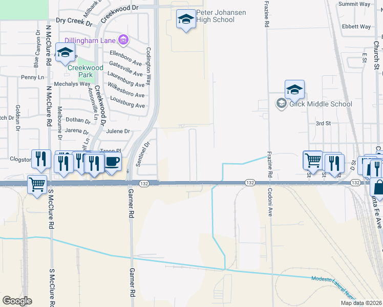 map of restaurants, bars, coffee shops, grocery stores, and more near 4143 Yosemite Boulevard in Modesto