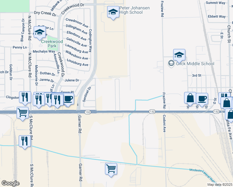 map of restaurants, bars, coffee shops, grocery stores, and more near 4143 Yosemite Boulevard in Modesto